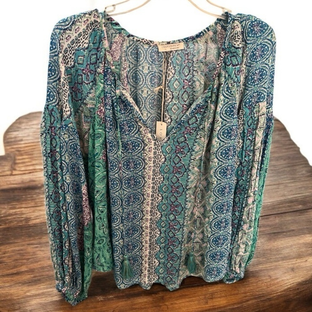 Lovestitch Blue and Green BohoTie Front Blouse NWT